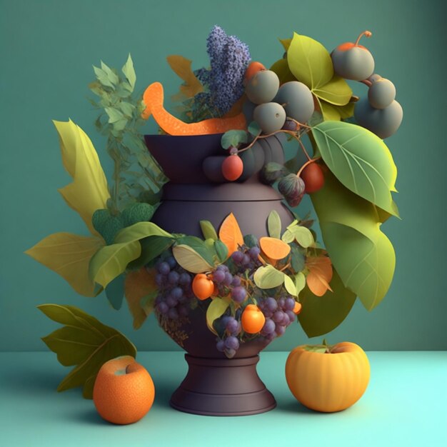 Foto 3d-rendering von stillleben-vase mit blättern und brasilianischer nahrungsmittel- und pflanzenpot-illustration