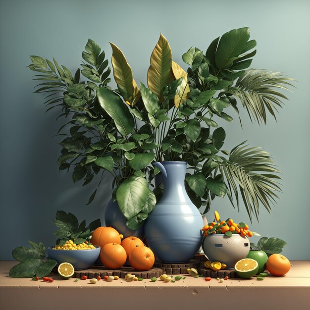 Foto 3d-rendering von stillleben-vase mit blättern und brasilianischer nahrungsmittel- und pflanzenpot-illustration