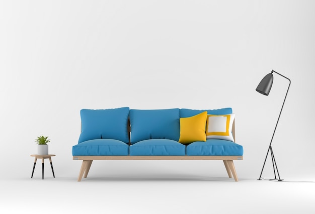 3D-Rendering von Studio mit Sofa und Dekorationen.