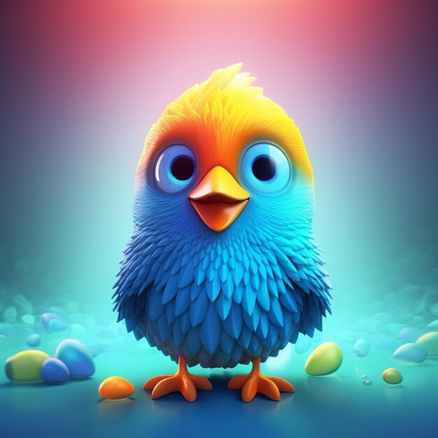 3D-Rendering von süßem blauen Vogel mit orangefarbenen Füßen und einem Schnabel, der auf blauen Kieselsteinen steht