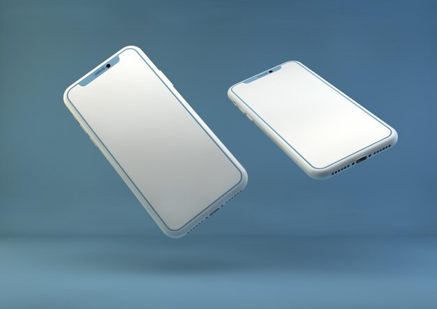 Foto 3d-rendering von telefon-mockup auf blauem hintergrund