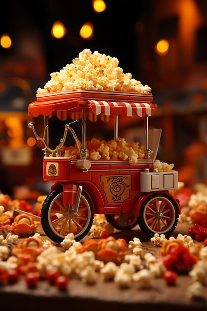 3D-Rendering von Toy Popcorn Cart Bike mit Popcorn Box Dekorationen auf einem Movie Th Miniatur Cute Kawaii