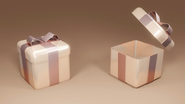 3D-Rendering von verpackten Geschenkboxen aus Roségold auf dem Hintergrundkonzept von Urlaubs- und Geburtstagsgeschenken