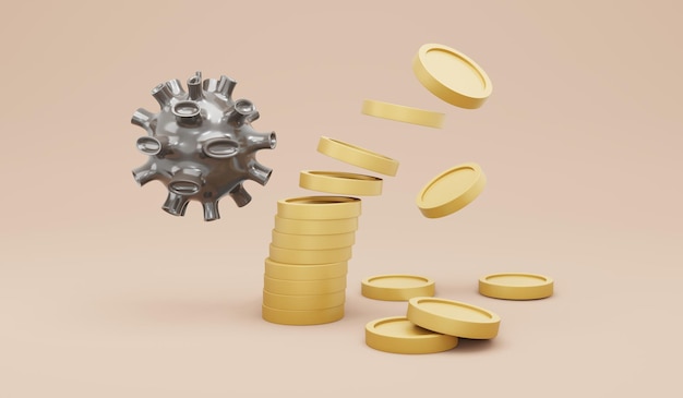 3D-Rendering von Viren mit zusammenbrechendem Geldhaufen-Konzept der globalen Krise der wirtschaftlichen Rezession durch Viren 3D-Render-Illustration im Cartoon-Stil
