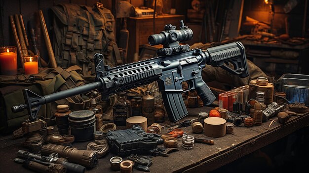 Foto 3d-rendering von waffen und instrumenten der armee