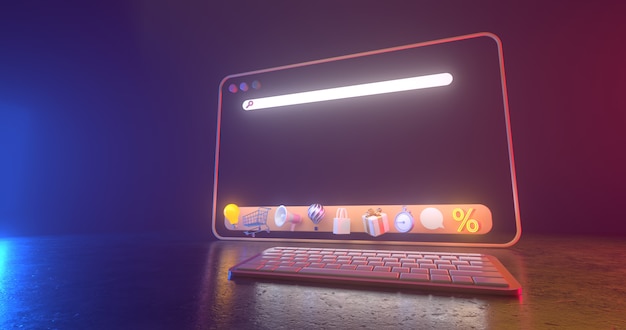 3D-Rendering von Web-Symbolen und Neonlicht.