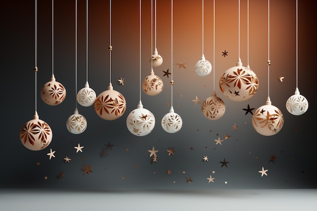 3D-Rendering von Weihnachtsbällen mit Sternen und Bällen, die an Saiten hängen