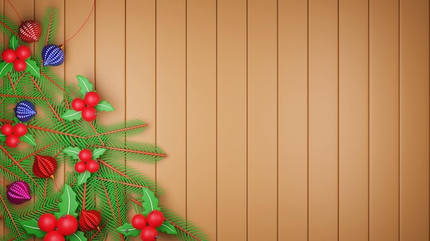 3D-Rendering von Weihnachtskugeln mit Stechpalmenbeeren, Tannenblättern und Kopierraum auf goldenem Streifenmusterhintergrund Frohe Weihnachten-Konzept