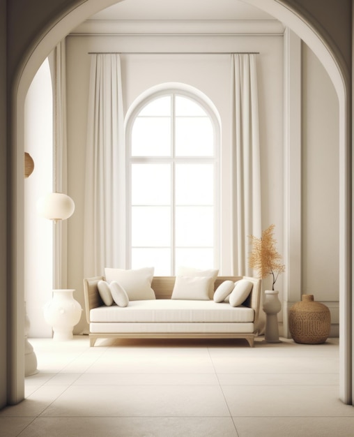 3D-Rendering von weißem Sofa mit weißen Wänden und gekrümmten Wänden