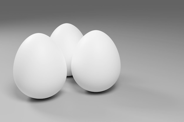 Foto 3d-rendering von weißen eiern und gelbem küken auf hellem hintergrund geeignet für tapeten, grußkarten, poster und anzeigen