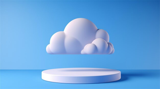 3D-Rendering von weißer Wolke und rosa Podium auf blauem Hintergrund