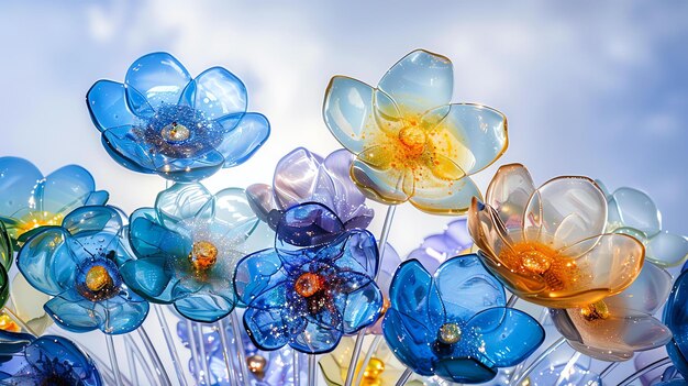 Foto 3d-rendering von wunderschönen glasblumen die blütenblätter sind durchsichtig und haben ein glänzendes finish