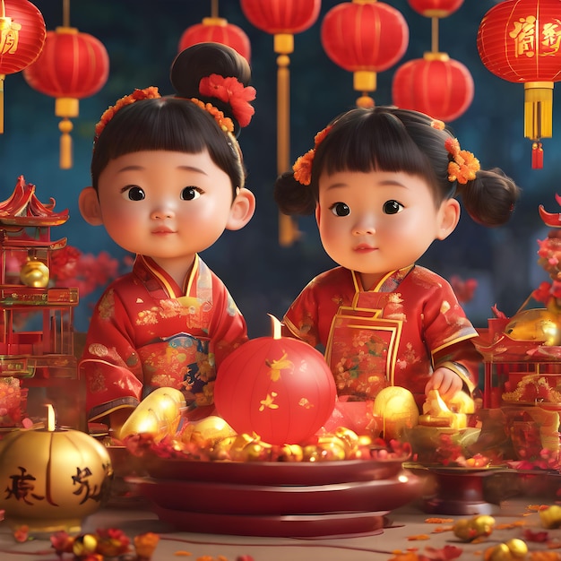 3D-Rendering von Zeichentrickfiguren, die das chinesische Neujahr feiern