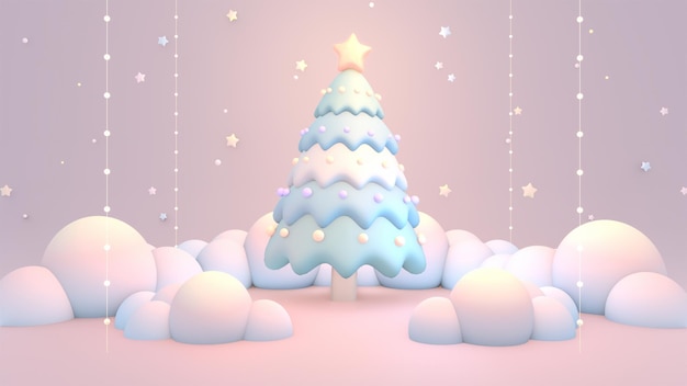 3D-Rendering von Zeichentrickfilmen Weihnachtsbaum Stringlichter Sterne und Wolken