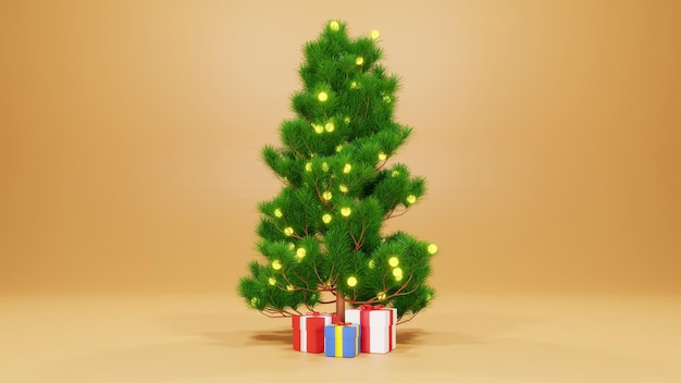 3D-Rendering Weihnachtsbaum und Geschenkbox mit gelbem, glattem Hintergrund