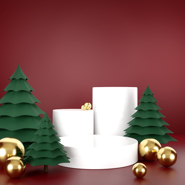 3D-Rendering Weihnachtskugel und Weihnachtsbaum auf rotem Hintergrund