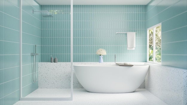 3D-Rendering Weiße Badewanne mit grünen Fliesen und weißem Terrazo