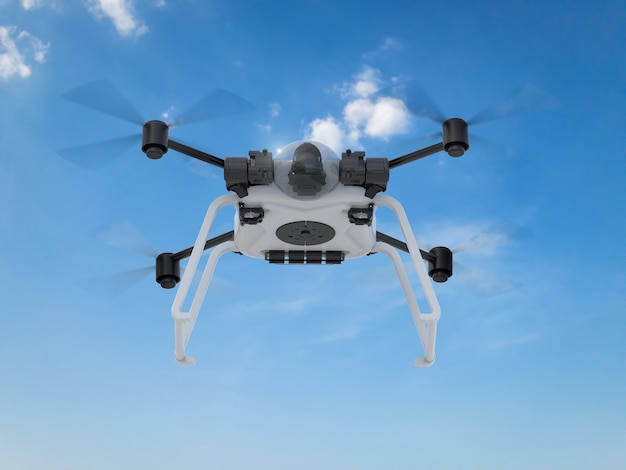 3D-Rendering weiße Drohne mit sich drehenden Propellern