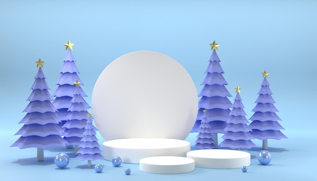 3D-Rendering weiße Geschenkbox mit Weihnachtsbaum auf blauem Hintergrund