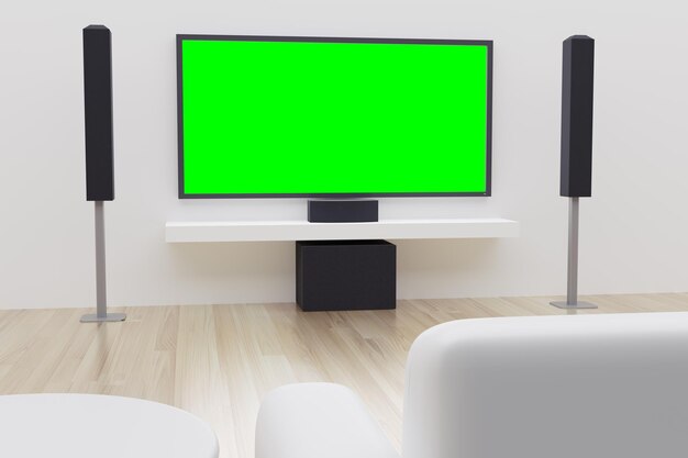 3D-Rendering Weißer, sauberer Heimkinoraum mit Audiosystem LCD-TV-Leerbildschirm für Werbemontage.