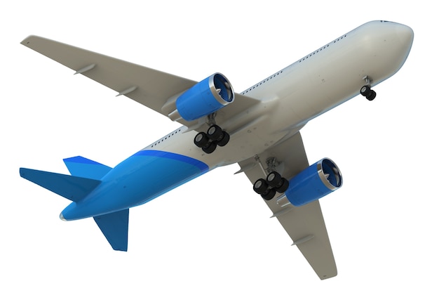 3D-Rendering weißes und blaues Flugzeug auf weißem Hintergrund