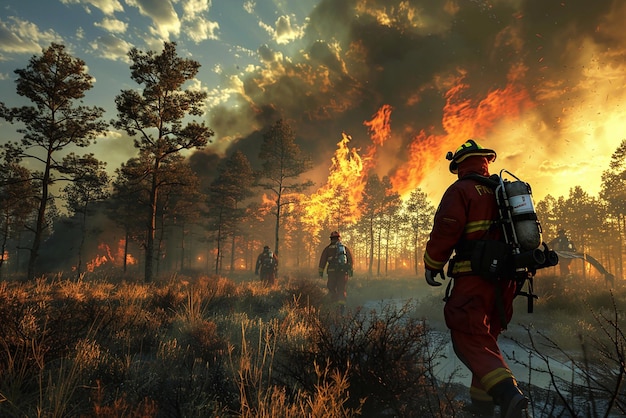 3D-Rendering Wildfire Feuerwehrleute eilen, um eine Waldbrandlinie zu bauen