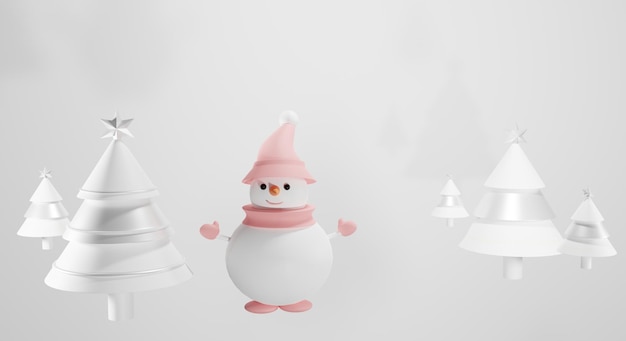 3D-Rendering Winterkomposition Schneemann und Weihnachtsbäume auf weißem Weihnachtshintergrund 3D-Darstellung