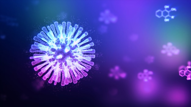 3D-Rendering-Wireframe-Virus für das Covid-19-Coronavirus-Ausbruchskonzept mit Hintergrund der chemischen Struktur, 3D-Medizin für schwimmende Influenzaviruszellen in mikroskopischer Ansicht, Pandemie-Risikokonzept