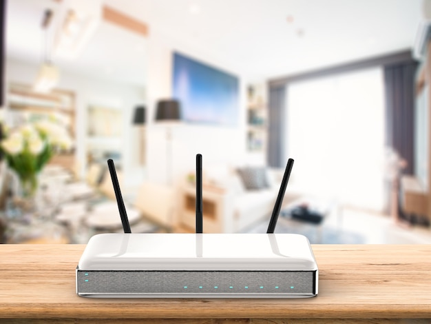 3D-Rendering-WLAN-Router auf Holztisch