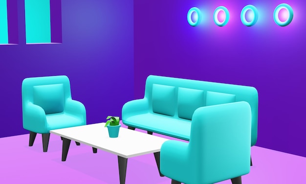 3D-Rendering Wohnzimmer blaue Farbe