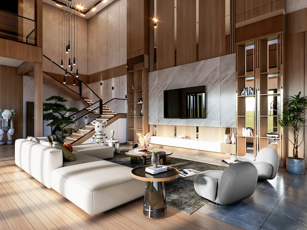 3D-Rendering-Wohnzimmer mit einer Wendeltreppe und einer Wendeltreppe