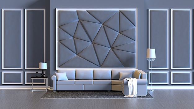 3D-Rendering-Wohnzimmer mit Wandpaneeldekoration