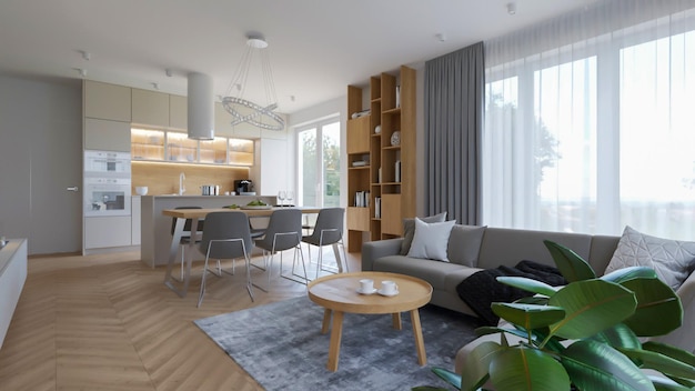 3D-Rendering Wohnzimmer und Küche Innenarchitektur