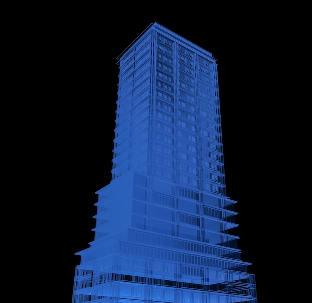 3d rendering xray edificio de gran altura exterior aislado sobre fondo negro