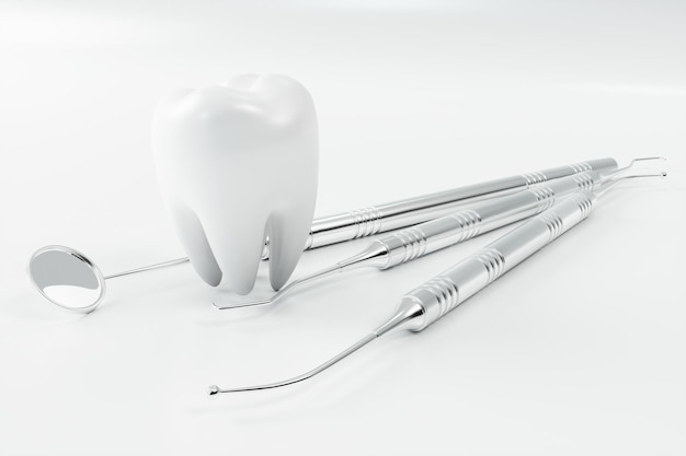 3D-Rendering Zahn mit Zahnstocher. Zahn-, Medizin- und Gesundheitskonzept. Mundhygiene, Mundpflege