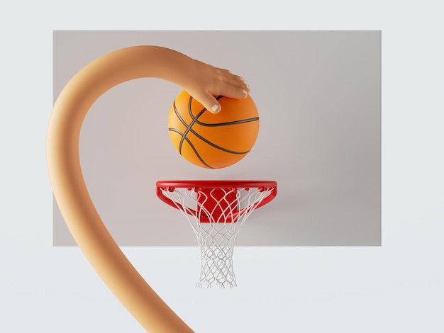 3D-Rendering Zeichentrickfigur flexible Hand hält Basketballball über dem Korb