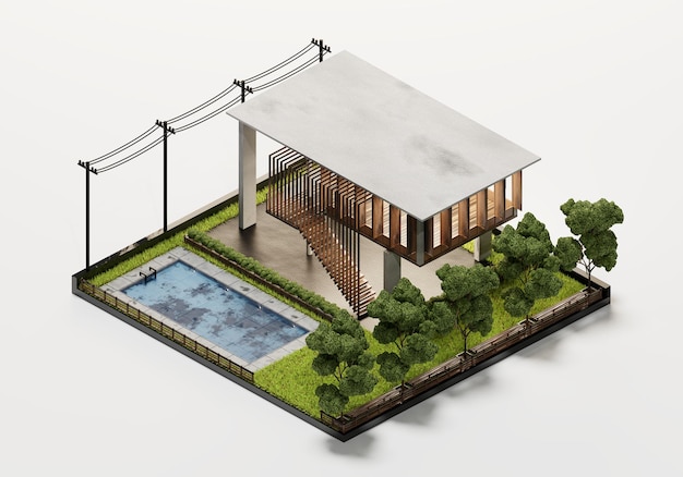 3D-Rendering Zeitgenössisches Haus isometrische Ansicht Außenhintergrund