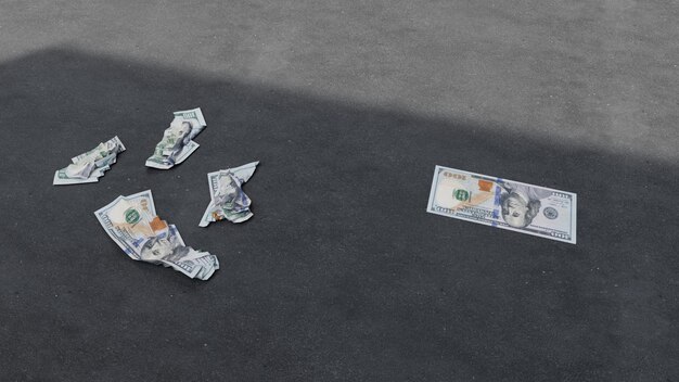 3D-Rendering. Zerknitterte 100-Dollar-Scheine auf dem Asphalt.