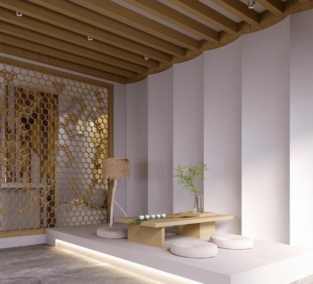 3D-Rendering3D-Darstellung Innenszene und Mockupbar zum Essen und Trinken und Holztisch, Sitzplätze, helle Holzwand, weiße Wand