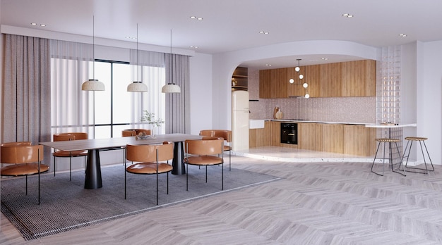 Foto 3d-rendering3d-darstellung innenszene und mockupküche und esseckebetonbodenküche mit weißen wänden
