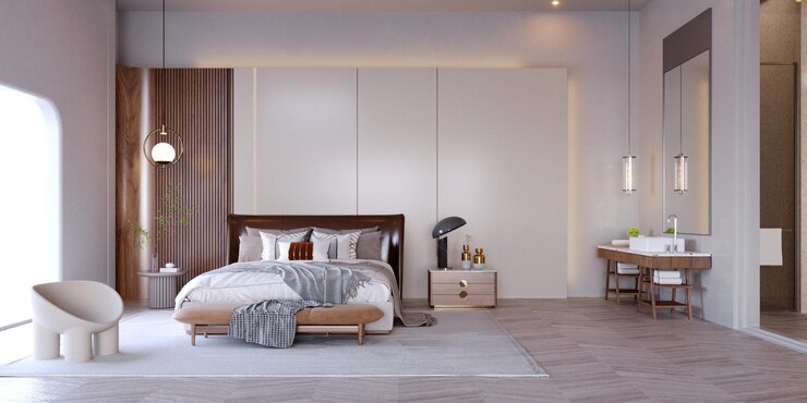 3D-Rendering3D-Darstellung Innenszene und MockupSchlafzimmermöbel mit Holz