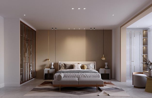 3D-Rendering3D-Illustration Innenszene und Mockup Schlafzimmer im modernen Stil