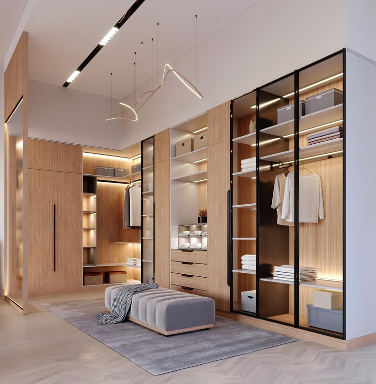 3D-Rendering3D-Illustration Innenszene und MockupBegehbarer Kleiderschrank im modernen Stil, großer Kleiderschrank in L-Form, dekoriert mit Deckenlampen aus Holz