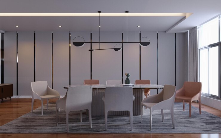 3D-Rendering3D-Illustration Innenszene und MockupEsszimmer moderner StilLeder gepolsterter StuhlEsstisch mit Steinplatte