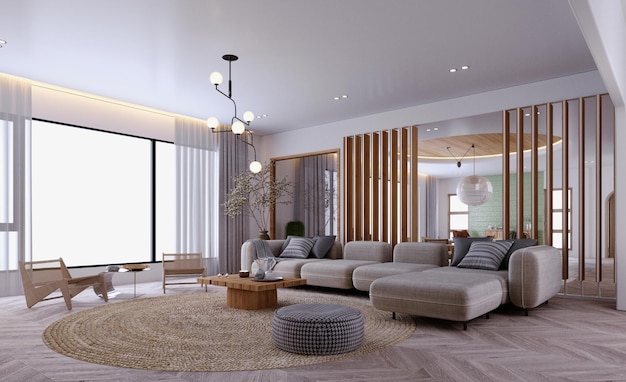 Foto 3d-rendering3d-illustration innenszene und mockupmodernes wohnzimmer mit holz in grau und weiß