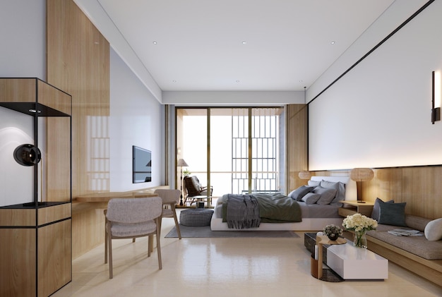 3D-Rendering3D-Illustration Innenszene und MockupSchlafzimmer und Wohnbereich des Hotelsmoderner und zeitgenössischer Stil rendern 3d