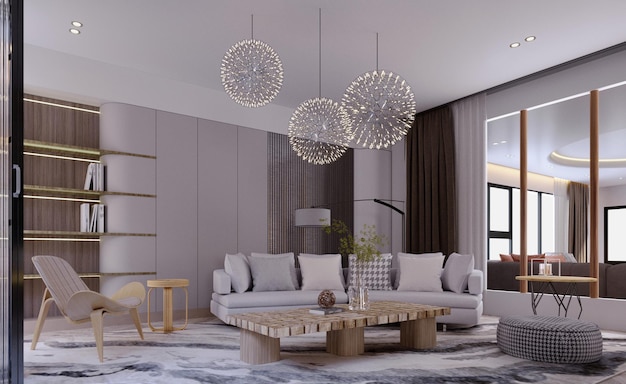 3D-Rendering3D-Illustration Innenszene und MockupWohnzimmer im modernen Stil Deckendekorationweißes Sofa runde Lampendekoration