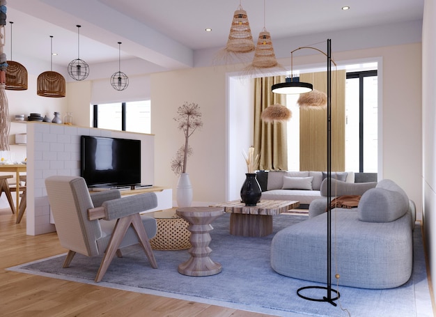 3D-Rendering3D-Illustration Innenszene und MockupWohnzimmer und Küche InterieurWand im skandinavischen Stil weiß und beige