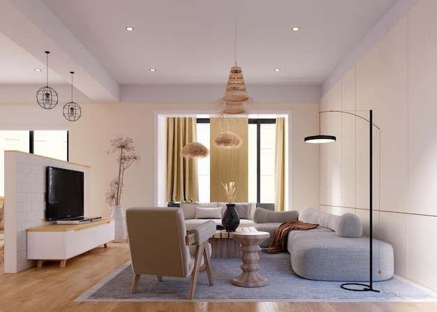 3D-Rendering3D-Illustration Innenszene und MockupWohnzimmer und Küche InterieurWand im skandinavischen Stil weiß und beige