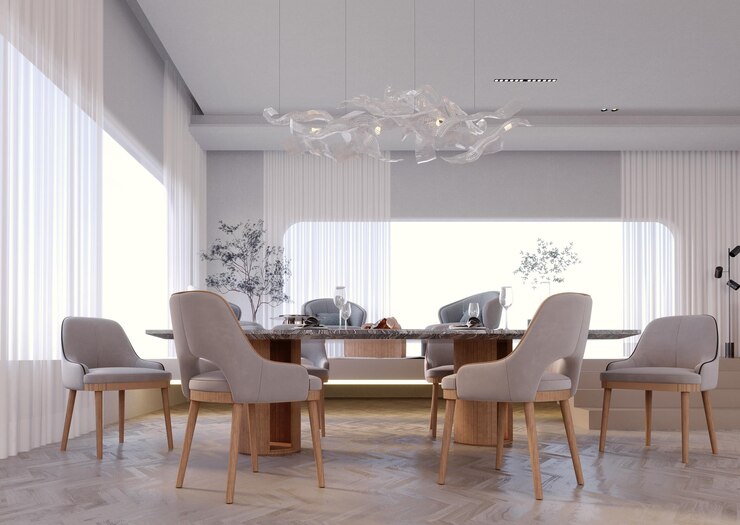 3D-Rendering3D-Illustration Interior Scene and Frame MockupEssecke in modernem, minimalistischem Stil mit weißer Stoff- und Glasdeckenlampe